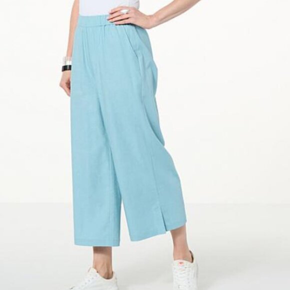 Wynne layers Pants - Wynne Layers Cream White Wide Leg Linen Blend Ankle Crop Pull On Pants M